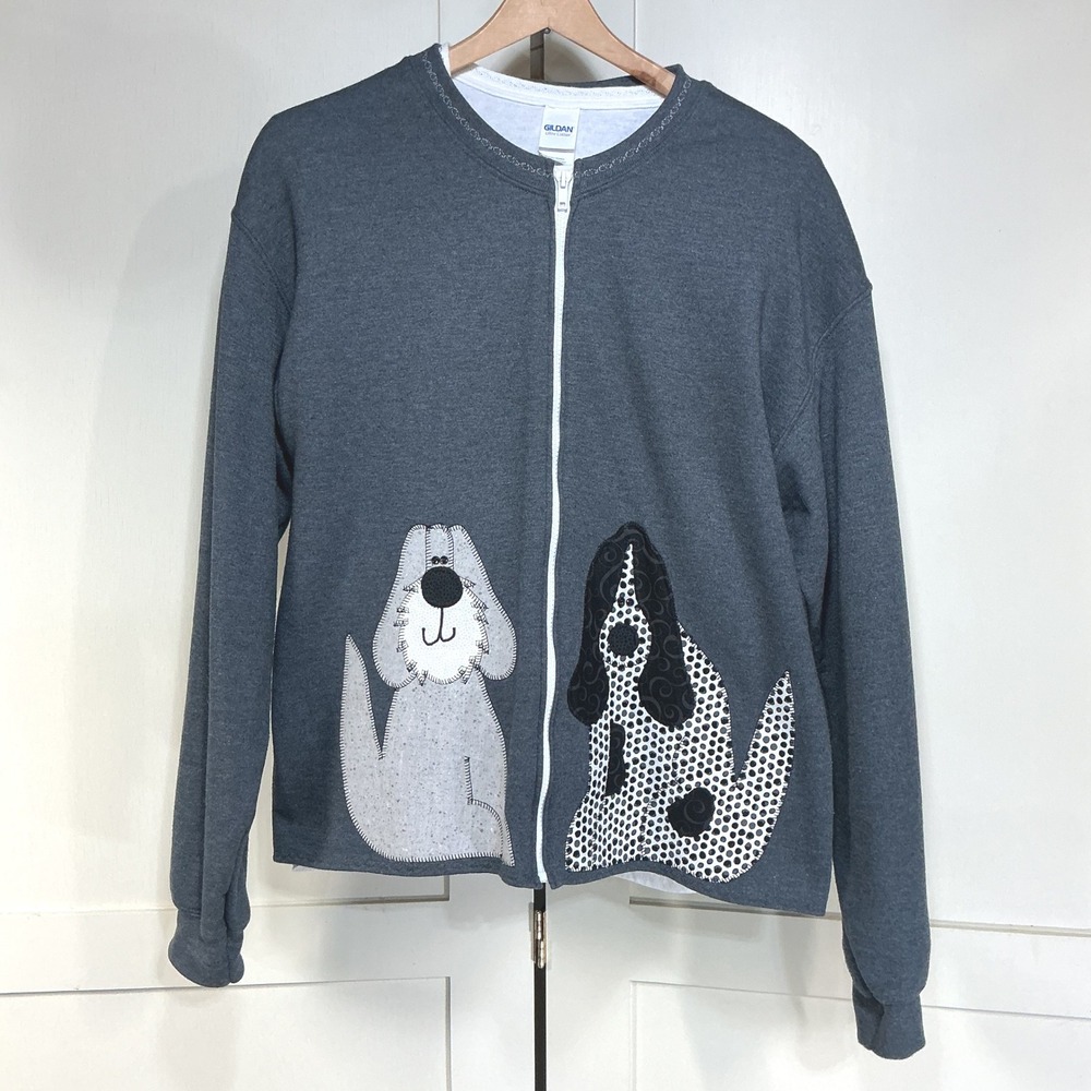 Vintage Dog Applique Sweatshirt T-Shirt Set M/L Gray White Grandmacore Kitsch